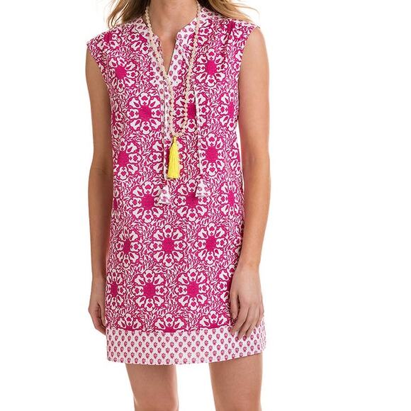 Vineyard Vines Tunic Dress XS Pink Peasant Shift Block Print Mini V-Neck Cotton - Picture 10 of 10